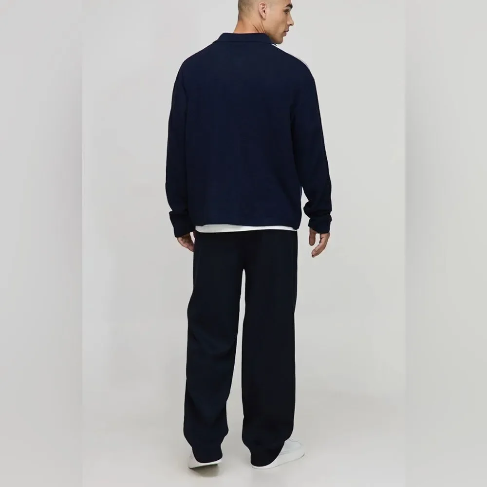 BoohooMAN Oversized Boxy Colour Block Knitted LS Shirt Navy XL NWT IN PKG